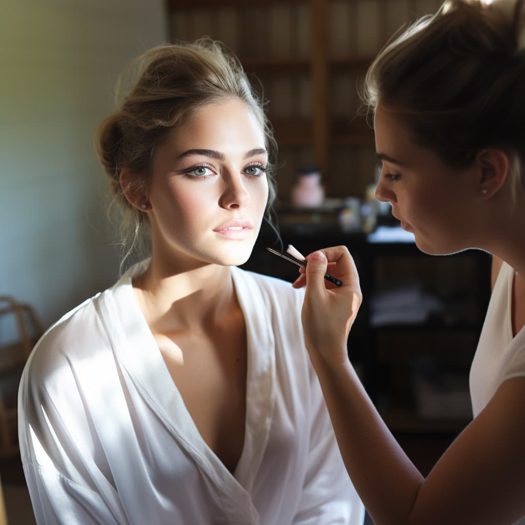 Braut wird für die Hochzeit geschminkt